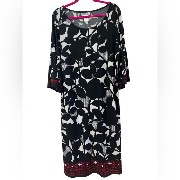 Periwinkle Dresses & Skirts - Periwinkle 16W Black White Abstract Midi Dress Red Border Hem 3/4 Sleeve Career